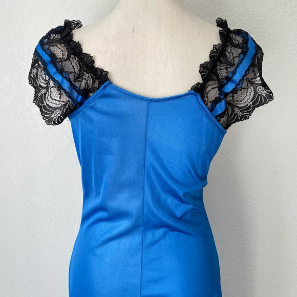 VINTAGE ROYAL BLUE LACE SILKY NIGHTGOWN SLIP DRESS MAXI MEDIUM - Picture 10 of 13